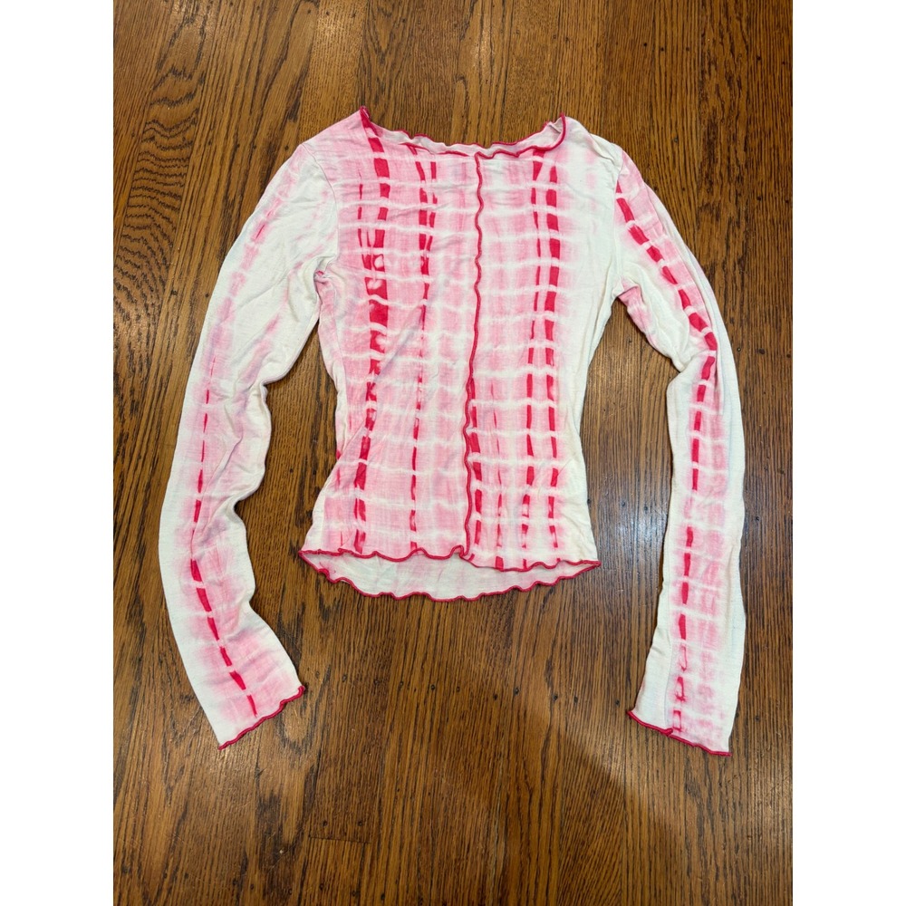 Princess Polly Pink White Tie Dye Lettuce Edge Long Sleeve Top US 2 Y2K Baby Tee